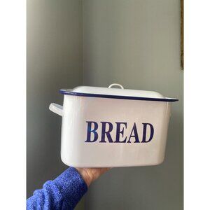 Falcon Enamel Bread Box Storage Container White Blue Trim with Lid